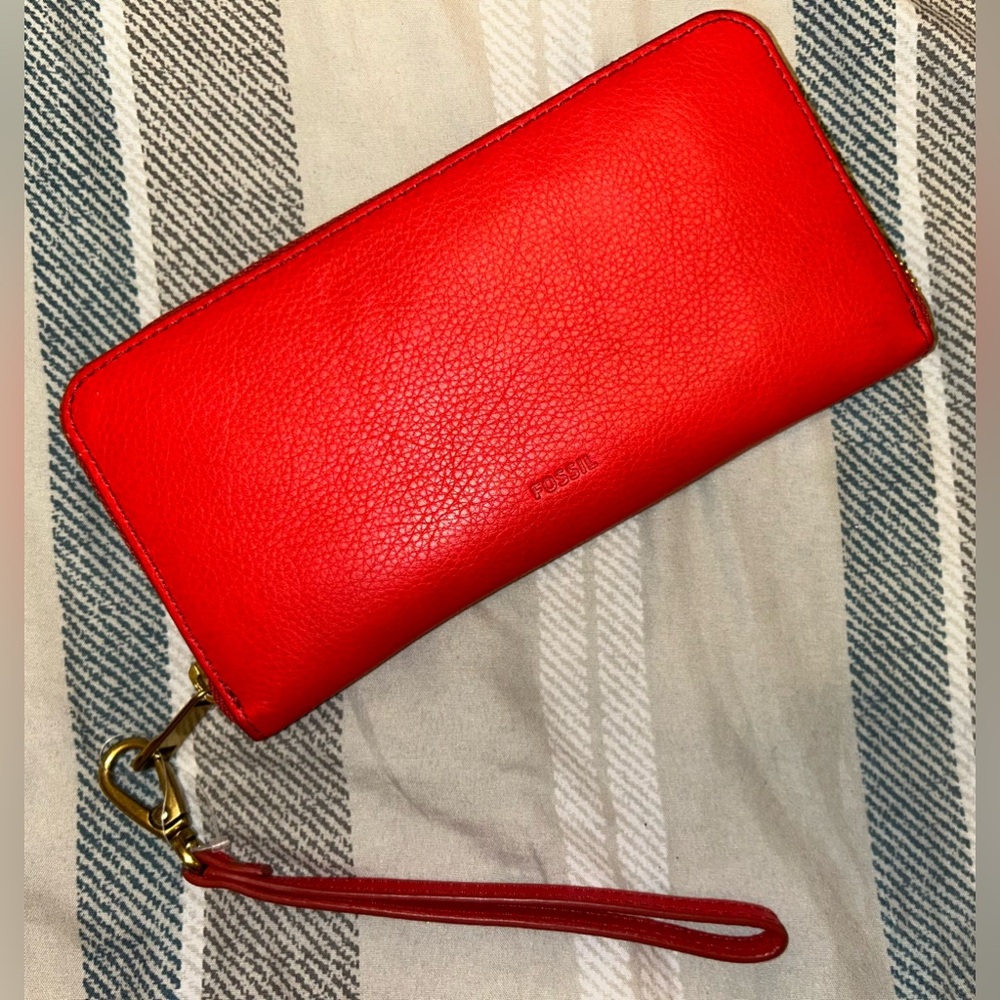 Fossil Emma Zip Around Red Leather Wristlet Wallet - image 1